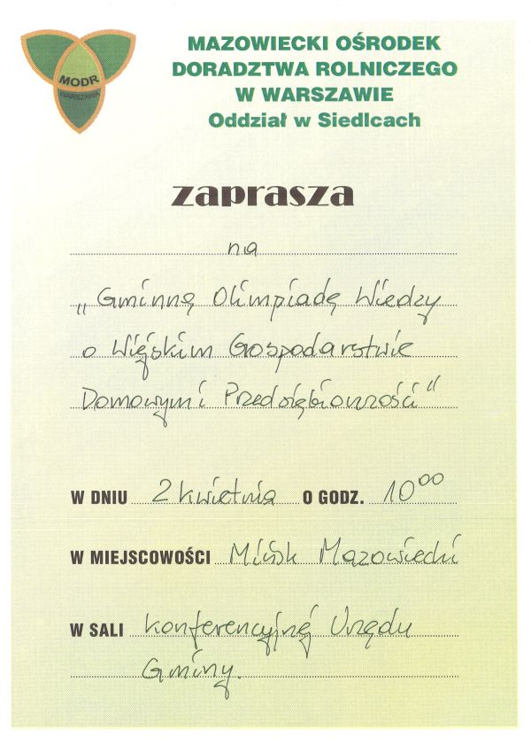 Gminna Olimpiada Wiedzy o Wiejskim Gospodarstwie Domowym i Przedsiębiorczości