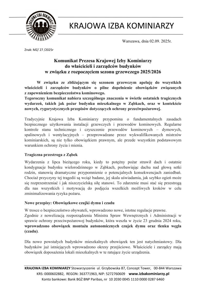 Komunikat Prezesa Krajowej Izby Kominiarzy do właścicieli i zarządców budynków w związku z rozpoczęciem sezonu grzewczego...