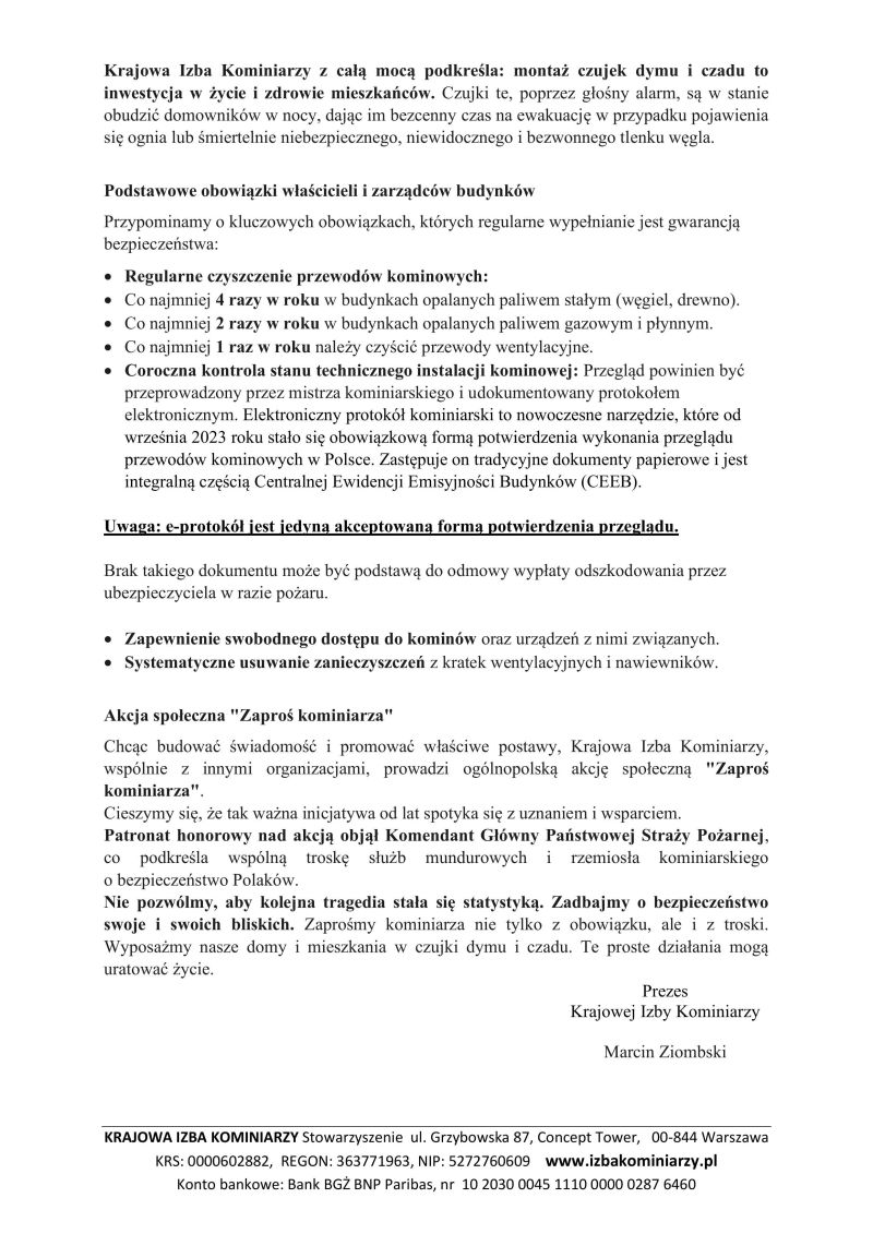 Komunikat Prezesa Krajowej Izby Kominiarzy do właścicieli i zarządców budynków w związku z rozpoczęciem sezonu grzewczego...