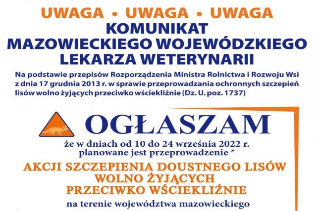 Komunikat w sprawie Szczepienia ochronnego lisów wolno żyjących przeciwko wściekliźnie