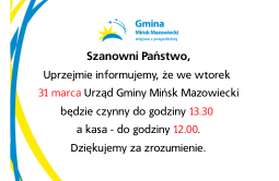 Skrócone godziny pracy Urzędu Gminy w dniu 31 marca